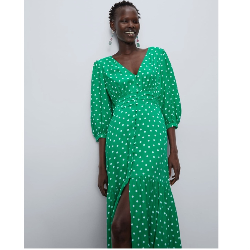 NWT Zara Green & White Polka Dot Satin Midi Dress - Picture 7 of 10